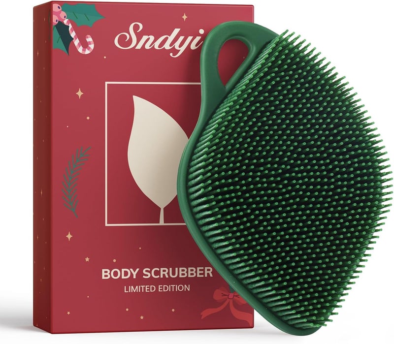 Sndyi Christmas Silicone Body Scrubber, Limited Edition Leaf-Shaped Shower Brush for Gentle Cleanse & Exfoliation, Soft Silicone Loofah Body Brush for Sensitive Skin, Perfect Holiday Gift, Evergreen - Image 1